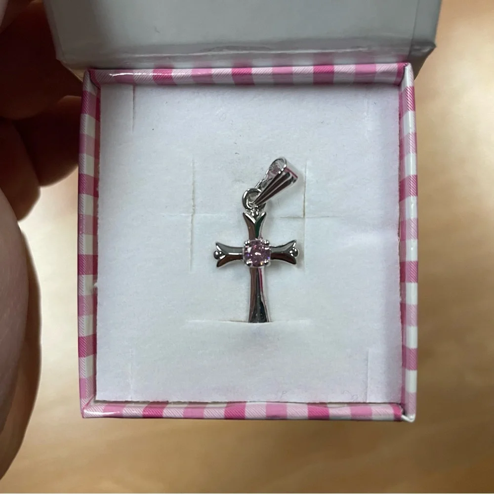 In Season Jewelry Rhodium Plated Girls Pink Crystal Plain Cross Pendant NWT NIB